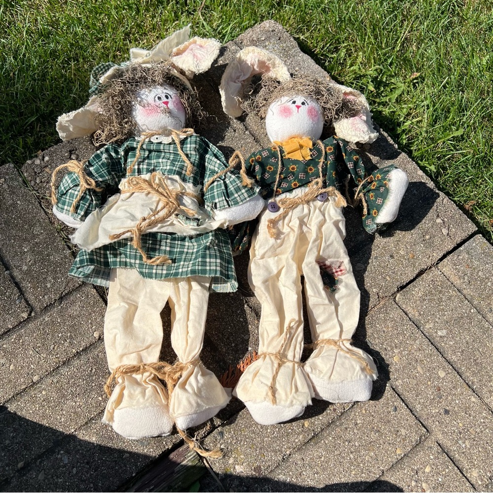 Cottagecore Easter Bunny Shelf Sitters Plush Pair Spring Farmhouse Decor